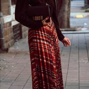 Sz S ZARA Claret Red Black & Gold Metallic Pleated Striped Lurex Midi Skirt